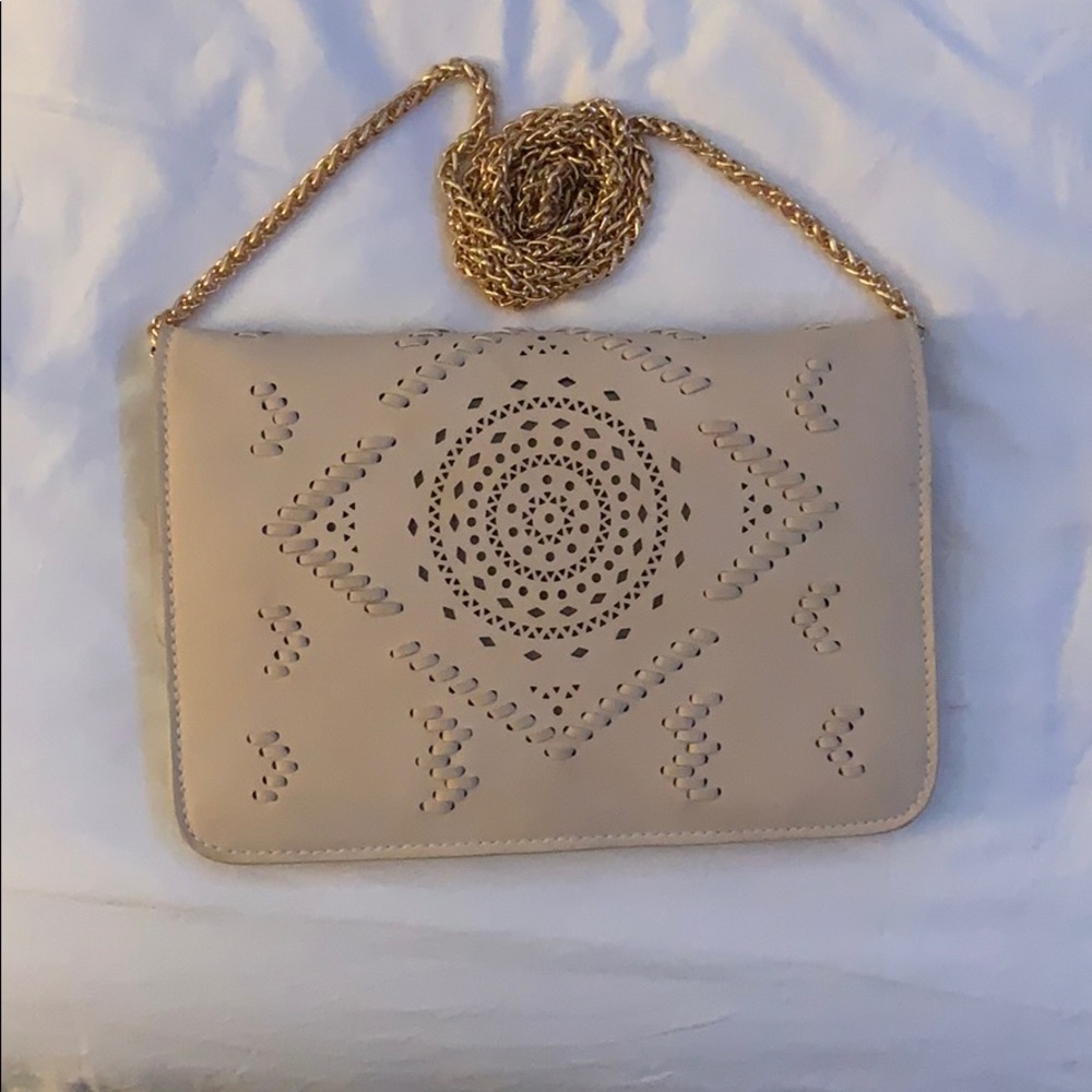 Tan and gold clutch / cross body purse